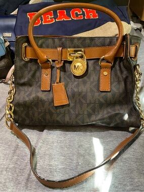 Michael Kors Brown and Tan Logo Satchel with Gold Hardware